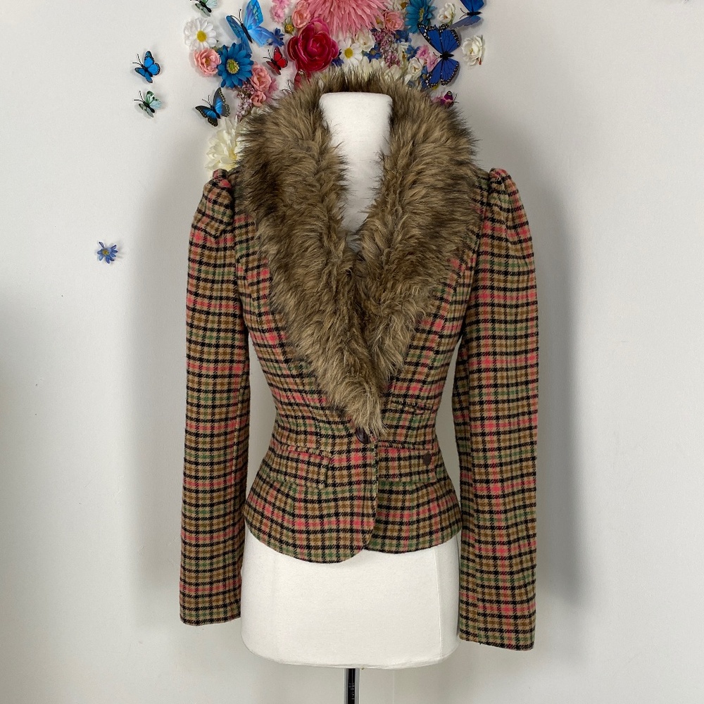 DEPT Plaid Wool Blazer Jacket With Faux Fur Collar Size Small
